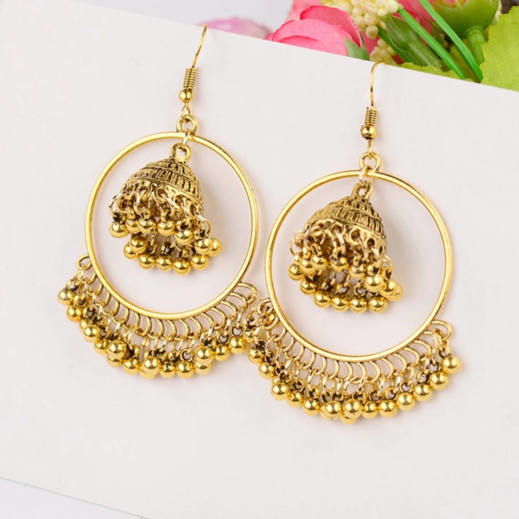 Gold Tone Indian Hoop Earrings With Small Jhumki Jhumka Nwt Bollywood Statement 19$